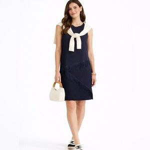 TRINA TURK Navy Blue Fringe Trim Silk Dress Knee‎ Length Western inspired 0 XXS